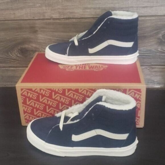 New Vans Sk8 Hi Cozy Hug Faux Fur Sherpa Navy Blue High Top Sneakers - Picture 3 of 10